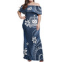 American Samoa Off Shoulder Long Dress White Hibicus Blue Pattern