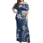 Tuvalu Off Shoulder Long Dress White Hibicus Blue Pattern