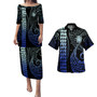 Cook Islands Combo Puletasi And Shirt Kakau Style Gradient Blue