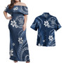 Niue Combo Off Shoulder Long Dress And Shirt White Hibiscus Blue Pattern