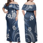 New Caledonia Combo Off Shoulder Long Dress And Shirt White Hibicus Blue Pattern
