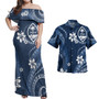 Guam Combo Off Shoulder Long Dress And Shirt White Hibicus Blue Pattern