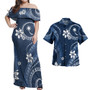 Chuuk State Combo Off Shoulder Long Dress And Shirt White Hibicus Blue Pattern