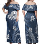 Tahiti Combo Off Shoulder Long Dress And Shirt White Hibicus Blue Pattern