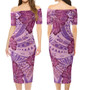 Hawaii Combo Short Sleeve Dress And Shirt Purple Hibiscus With Polynesian Pattern