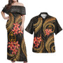 Guam Polynesian Pattern Combo Dress And Shirt Gold Plumeria