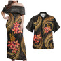 New Caledonia Polynesian Pattern Combo Dress And Shirt Gold Plumeria
