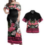 Polynesian Combo Off Shoulder Long Dress And Shirt Pattern Tropical Black And Pink