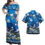Hawaii Combo Off Shoulder Long Dress And Shirt Polynesia Floral And Tribal Islands Blue