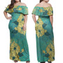 Hawaii Combo Off Shoulder Long Dress And Shirt Golden Hibiscus Turquoise Color