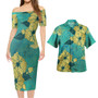 Hawaii Combo Short Sleeve Dress And Shirt Golden Hibiscus Turquoise Color