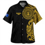 Northern Mariana Islands Hawaiian Shirt Custom Polynesian Half Sleeve Gold Tattoo With Seal Black