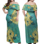 Samoa Combo Off Shoulder Long Dress And Shirt Golden Hibiscus Turquoise Color Tribal Pattern