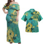 Fiji Combo Off Shoulder Long Dress And Shirt Golden Hibiscus Turquoise Color Tribal Pattern
