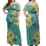 Fiji Combo Off Shoulder Long Dress And Shirt Golden Hibiscus Turquoise Color Tribal Pattern