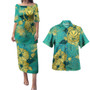 Hawaii Combo Puletasi And Shirt Golden Hibiscus Turquoise Color Tribal Pattern