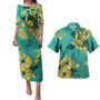 Tonga Combo Puletasi And Shirt Golden Hibiscus Turquoise Color Tribal Pattern