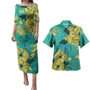 Guam Combo Puletasi And Shirt Golden Hibiscus Turquoise Color Tribal Pattern