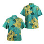 Guam Combo Puletasi And Shirt Golden Hibiscus Turquoise Color Tribal Pattern