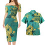 Fiji Combo Short Sleeve Dress And Shirt Golden Hibiscus Turquoise Color Tribal Pattern