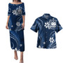 Samoa Combo Puletasi And Shirt White Hibicus Blue Tribal Pattern