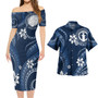 Northern Mariana Islands Combo Short Sleeve Dress And Shirt White Hibicus Blue Tribal Pattern