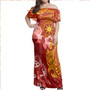 Philippines Filipinos Combo Off Shoulder Long Dress And Shirt Polynesian Tropical Plumeria Tribal Red