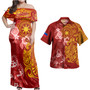 Philippines Filipinos Combo Off Shoulder Long Dress And Shirt Polynesian Tropical Plumeria Tribal Red