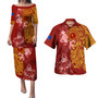 Chuuk State Combo Short Sleeve Dress And Shirt Polynesian Tropical Plumeria Tribal Red