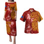 Pohnpei State Combo Short Sleeve Dress And Shirt Polynesian Tropical Plumeria Tribal Red
