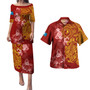 Yap State Combo Short Sleeve Dress And Shirt Polynesian Tropical Plumeria Tribal Red