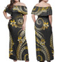 Hawaii Combo Off Shoulder Long Dress And Shirt Golden Polynesian Pattern