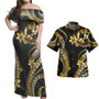 Tonga Combo Off Shoulder Long Dress And Shirt Golden Polynesian Pattern