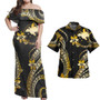 Papua New Guinea Combo Off Shoulder Long Dress And Shirt Golden Polynesian Pattern