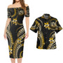 Hawaii Combo Short Sleeve Dress And Shirt Golden Polynesian Pattern