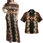 Hawaii Combo Off Shoulder Long Dress And Shirt Kanaka Maoli Orange Polynesian Pattern With Hibiscus