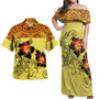 Hawaii Combo Off Shoulder Long Dress And Shirt Polynesian Tribal Patterns Hibiscus Flowers Yellow Color