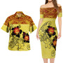 Hawaii Combo Short Sleeve Dress And Shirt Polynesian Tribal Patterns Hibiscus Flowers Yellow Color