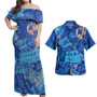 Tonga Combo Off Shoulder Long Dress And Shirt Hibiscus With Polynesian Pattern Blue Version