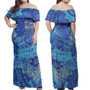 Fiji Combo Off Shoulder Long Dress And Shirt Hibiscus With Polynesian Pattern Blue Version