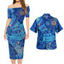Hawaii Combo Short Sleeve Dress And Shirt Hibiscus With Polynesian Pattern Blue Version