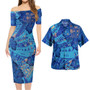 Fiji Combo Short Sleeve Dress And Shirt Hibiscus With Polynesian Pattern Blue Version