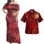 Samoa Combo Off Shoulder Long Dress And Shirt Hibiscus With Polynesian Pattern Red Version