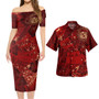 Hawaii Combo Short Sleeve Dress And Shirt Hibiscus With Polynesian Pattern Red Version