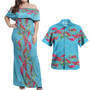 Combo Off Shoulder Long Dress And Shirt Ginger Flowers With Polynesian Motif Blue Version