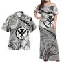 Hawaii Kanaka Maoli Combo Off Shoulder Long Dress And Shirt Polynesian Tribal Waves Patterns Hibiscus Flowers