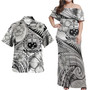 Samoa Combo Off Shoulder Long Dress And Shirt Polynesian Tribal Waves Patterns Hibiscus Flowers
