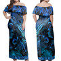 New Zealand Off Shoulder Long Dress Sea Turtle With Blooming Hibiscus Flowers Tribal Blue