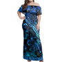 Tonga Off Shoulder Long Dress Sea Turtle With Blooming Hibiscus Flowers Tribal Blue