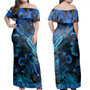 Papua New Guinea Off Shoulder Long Dress Sea Turtle With Blooming Hibiscus Flowers Tribal Blue